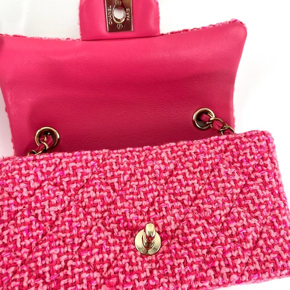 Authentic CHANEL Wool Tweed 2022 Pink Rectangular Mini Flap Bag - Picture 11 of 12